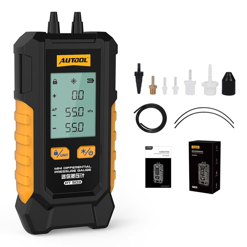 Autool Manometer Gas Pressure Tester, Digital Manometer HVAC, 6 Units Differential Dual Port Pressure Gauge -101 to 200Kpa, Data Zeroing with Backlight LCD Display - Image 1